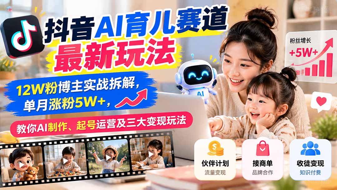 抖音AI育儿赛道最新玩法：12W粉博主实战拆解，单月涨粉5W+，教你AI制作、起号运营及三大变现玩法-优优云创网