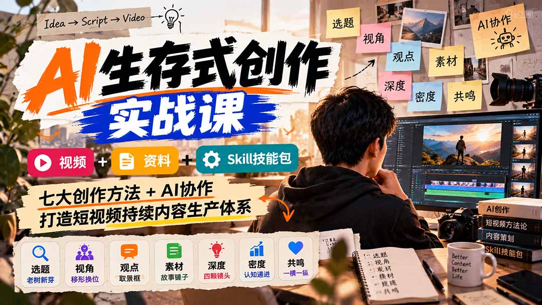 AI生存式创作实战课：视频+资料+Skill技能包，七大创作方法+AI协作，打造短视频持续内容生产体系-优优云创网
