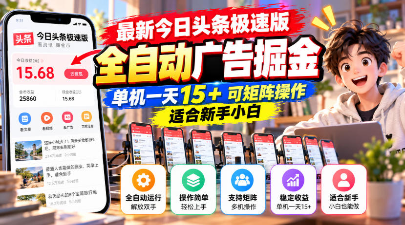 最新今日头条极速版全自动广告掘金，单机一天15+可矩阵操作适合新手小白-优优云创网