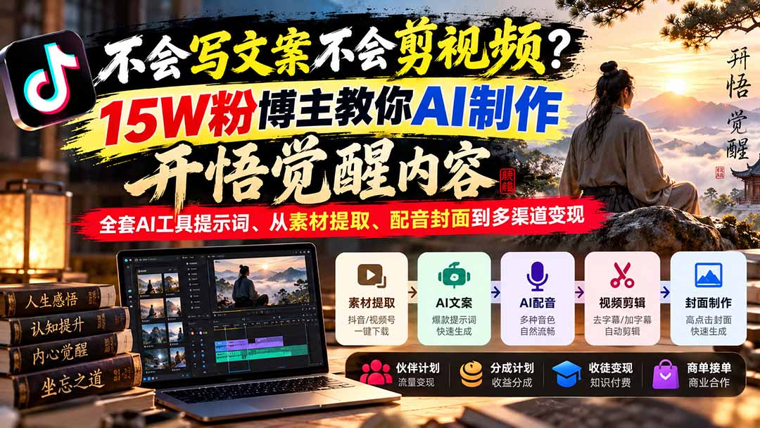 不会写文案不会剪视频?15W粉博主教你AI制作开悟觉醒内容,全套AI工具提示词、从素材提取、配音封面到多渠道变现-优优云创网