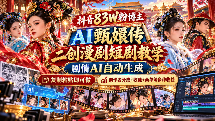 抖音83W粉博主AI甄嬛传二创漫剧短剧教学｜剧情AI自动生成，复制粘贴即可做，各大平台创作者分成+收徒等多种收益-优优云创网