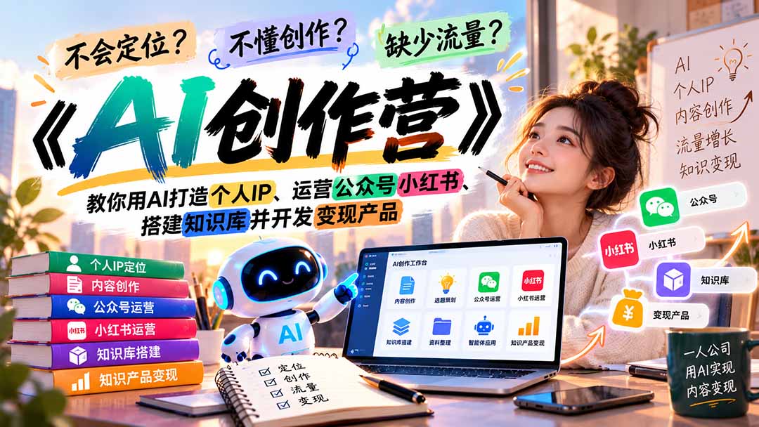 不会定位、不懂创作、缺少流量?《AI创作营》教你用AI打造个人IP、运营公众号小红书、搭建知识库并开发变现产品-优优云创网
