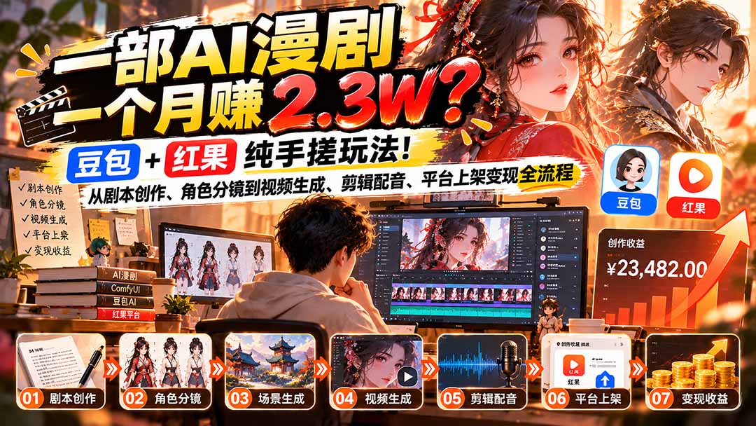 一部AI漫剧一个月赚2.3W?豆包+红果纯手搓玩法!从剧本创作、角色分镜到视频生成、剪辑配音、平台上架变现全流程-优优云创网
