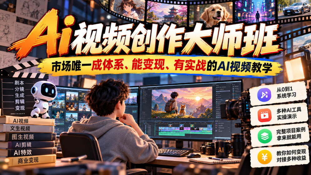Ai视频创作大师班,市场唯一成体系、能变现、有实战的AI视频教学(更新2026)-优优云创网