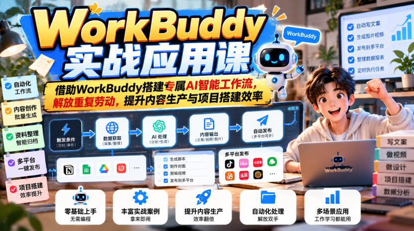 WorkBuddy实战应用课,借助WorkBuddy搭建专属AI智能工作流,解放重复劳动,提升内容生产与项目搭建效率-优优云创网