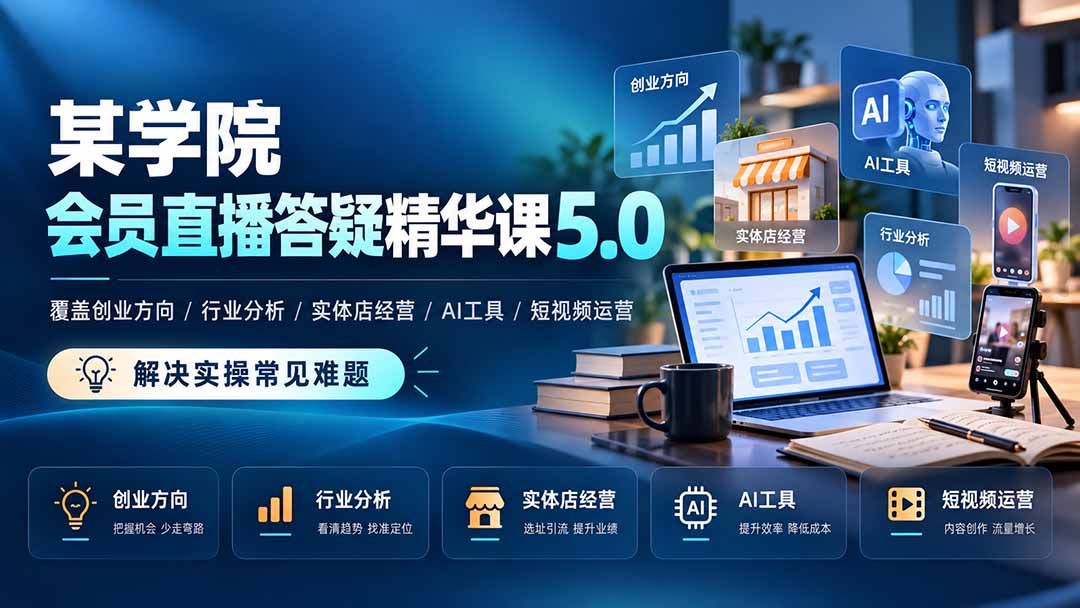 某学院会员直播答疑精华课5.0:覆盖创业方向、行业分析、实体店经营、AI工具和短视频运营,解决实操常见难题!-优优云创网