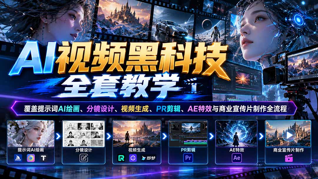 AI视频黑科技全套教学：覆盖提示词AI绘画、分镜设计、视频生成、PR剪辑、AE特效与商业宣传片制作全流程-优优云创网