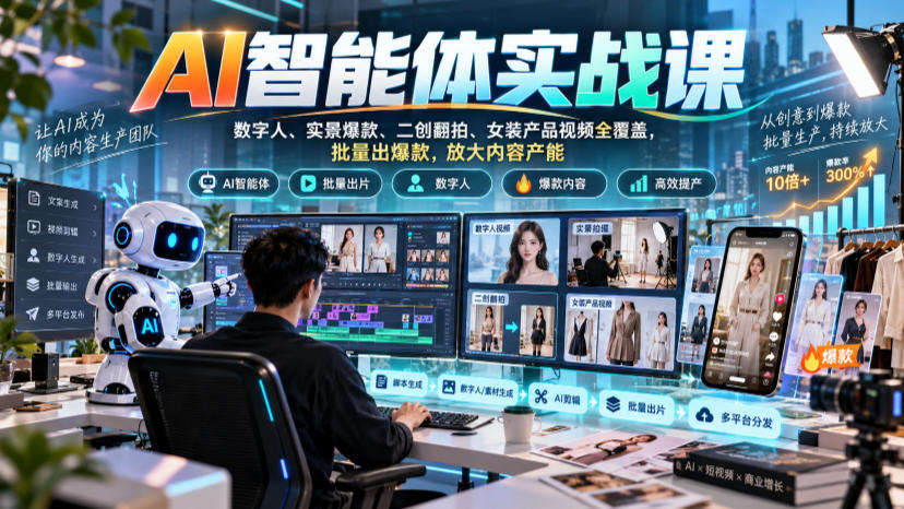 AI智能体实战课,数字人、实景爆款、二创翻拍、女装产品视频全覆盖,批量出爆款,放大内容产能-优优云创网