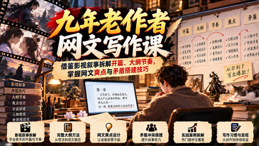 九年老作者网文写作课：借鉴影视叙事拆解开篇、大纲节奏，掌握网文爽点与矛盾搭建技巧-优优云创网
