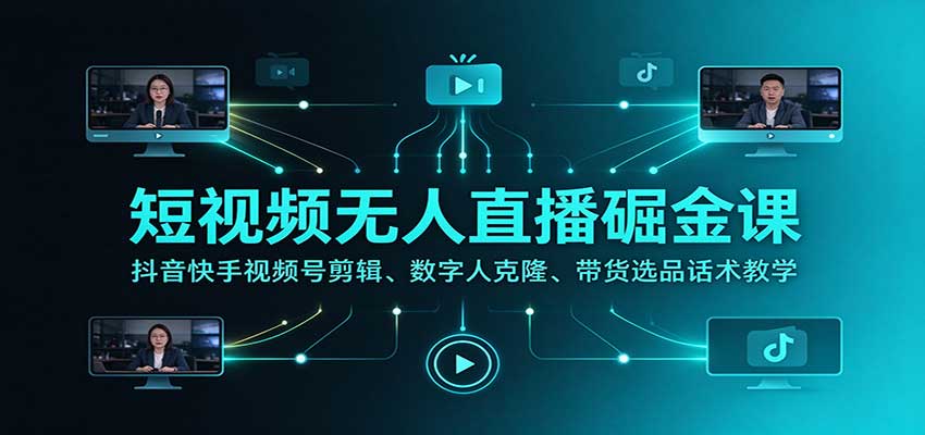 短视频无人直播掘金课：抖音快手视频号剪辑、数字人克隆、带货选品话术教学-优优云创网