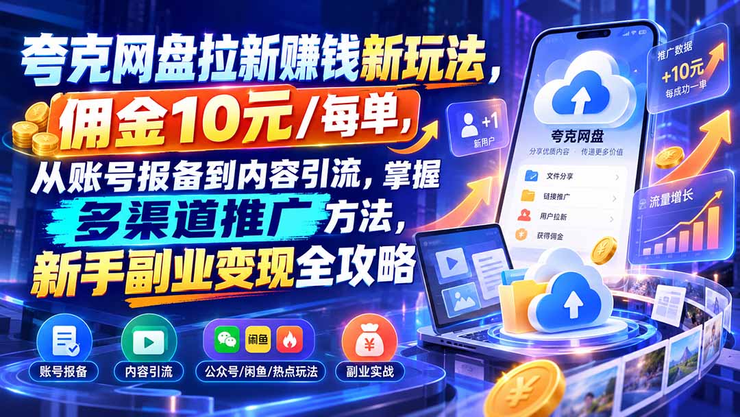 夸克网盘拉新赚钱新玩法，佣金10元/每单，从账号报备到内容引流，掌握多渠道推广方法，新手副业变现全攻略-优优云创网