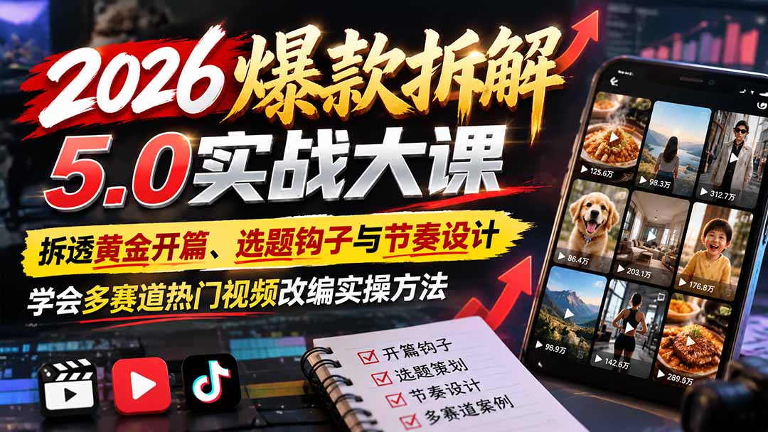 2026爆款拆解5.0实战大课：拆透黄金开篇、选题钩子与节奏设计，学会多赛道热门视频改编实操方法-优优云创网