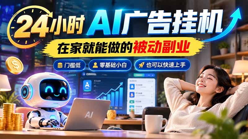 24小时AI广告挂机｜在家就能做的被动副业，门槛低，零基础小白也可以快速上手-优优云创网