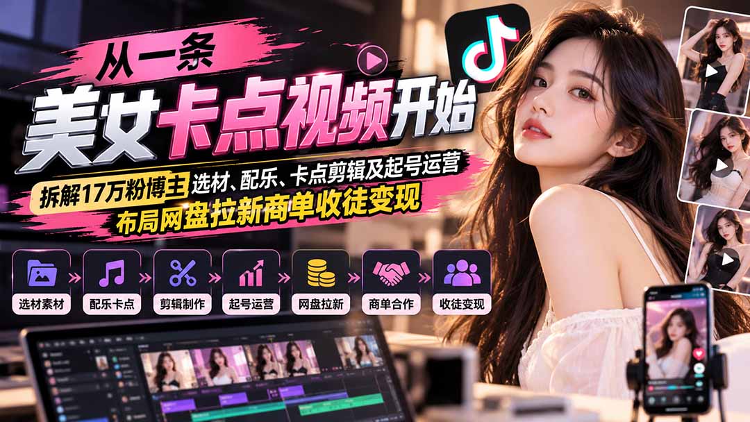从一条美女卡点视频开始：拆解17万粉博主选材、配乐、卡点剪辑及起号运营，布局网盘拉新商单收徒变现-优优云创网