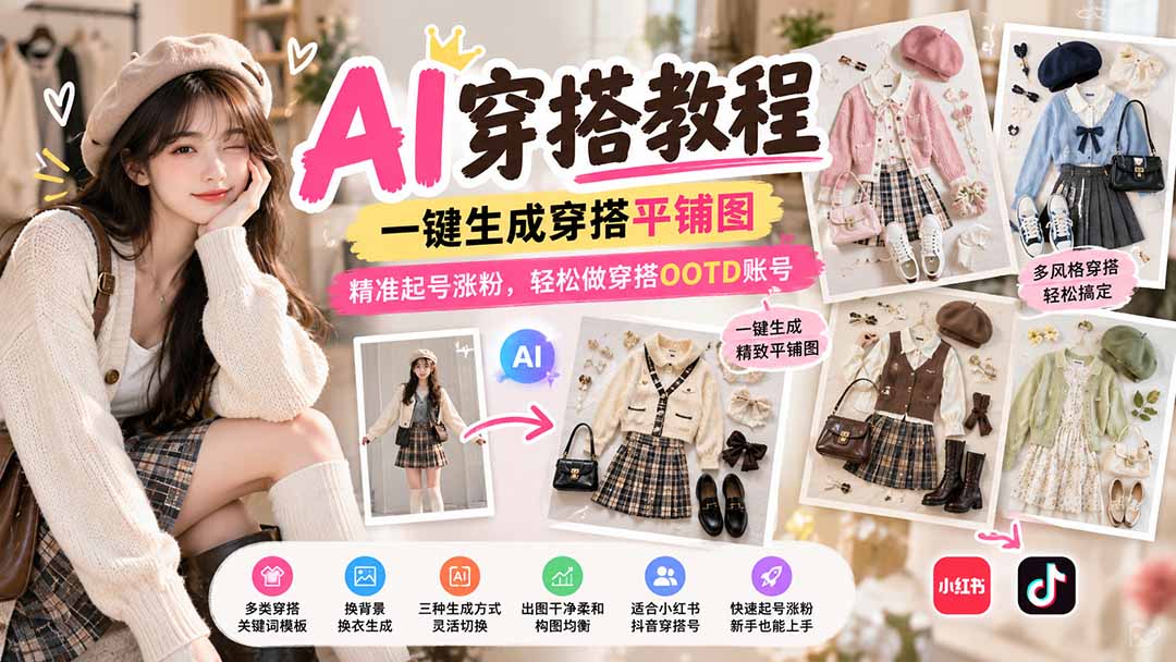 【无水印】AI穿搭教程｜一键生成穿搭平铺图，精准起号涨粉，轻松做穿搭OOTD账号-优优云创网