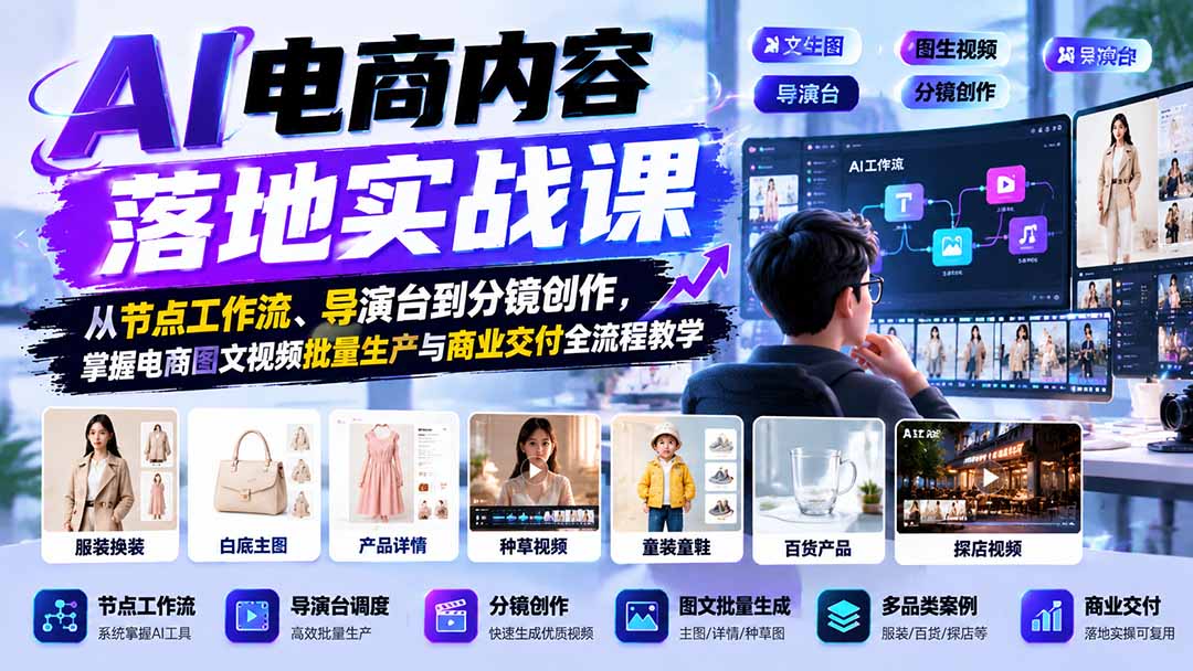 AI电商内容落地实战课：从节点工作流、导演台到分镜创作，掌握电商图文视频批量生产与商业交付全流程教学-优优云创网