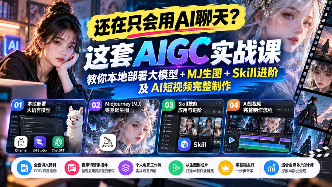 【无水印】还在只会用AI聊天？这套AIGC实战课教你本地部署大模型+MJ生图+Skill进阶及AI短视频完整制作-优优云创网