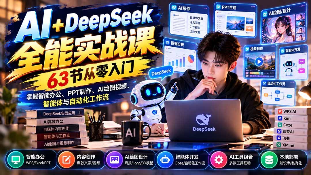 AI+DeepSeek全能实战课:63节从零入门,掌握智能办公、PPT制作、AI绘图视频、智能体与自动化工作流-优优云创网
