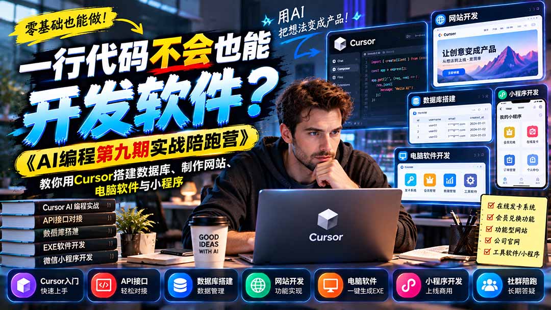 一行代码不会也能开发软件?《AI编程第九期实战陪跑营》教你用Cursor搭建数据库、制作网站、电脑软件与小程序-优优云创网