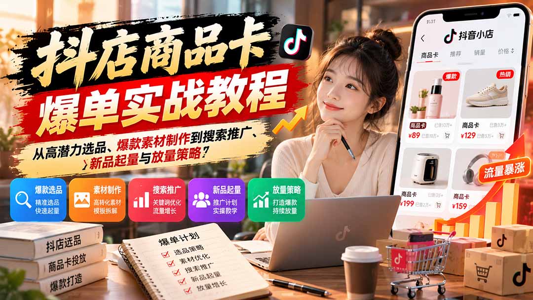抖店商品卡爆单实战教程：从高潜力选品、爆款素材制作到搜索推广、新品起量与放量策略-优优云创网