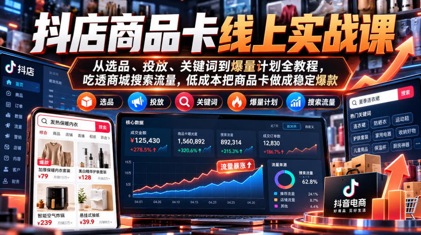抖店商品卡线上实战课|从选品、投放、关键词到爆量计划全教程,吃透商城搜索流量,低成本把商品卡做成稳定爆款-优优云创网