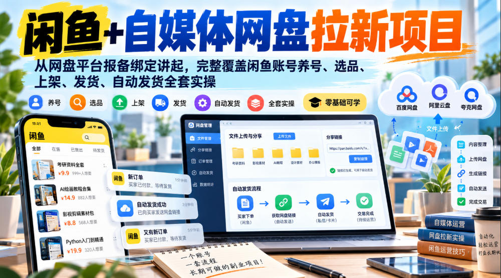 闲鱼+自媒体网盘拉新项目，从网盘平台报备绑定讲起，完整覆盖闲鱼账号养号、选品、上架、发货、自动发货全套实操-优优云创网