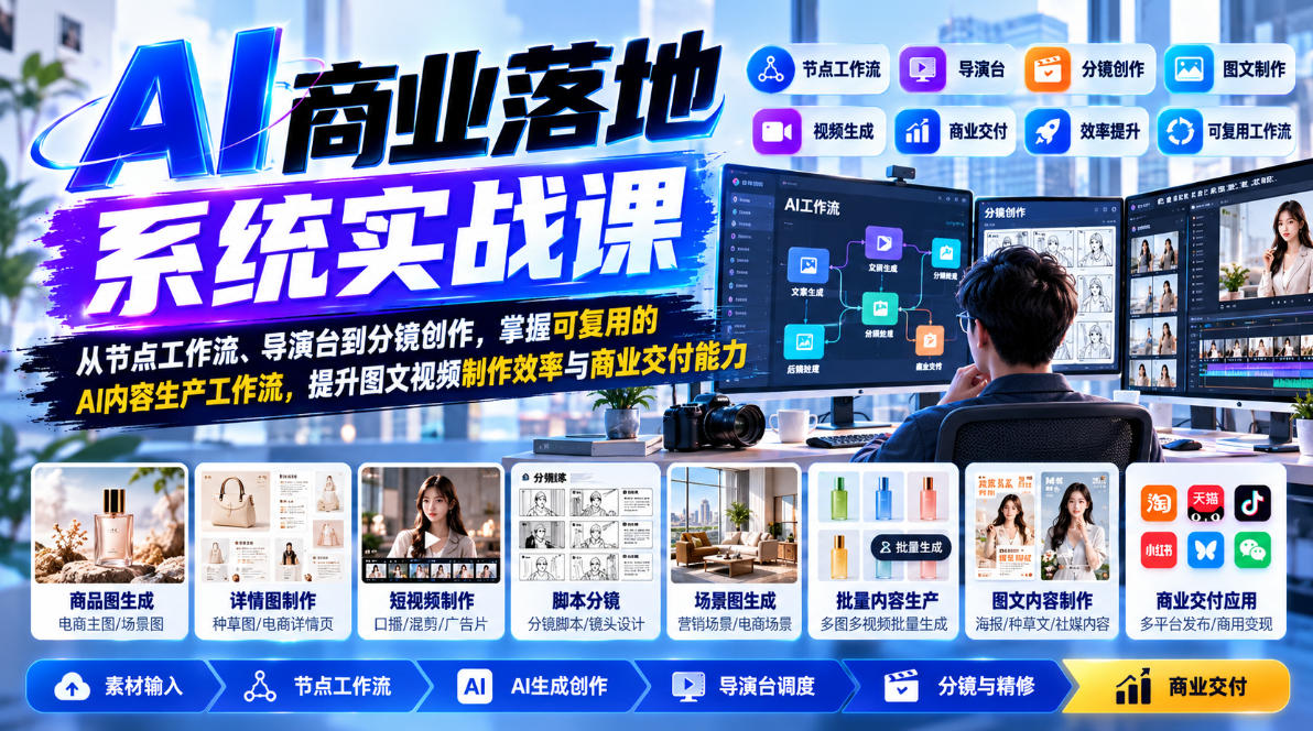 【无水印】AI商业落地系统实战课，从节点工作流、导演台到分镜创作，掌握可复用的AI内容生产工作流，提升图文视频制作效率与商业交付能力-优优云创网