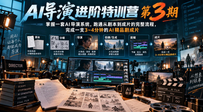 AI导演进阶特训营第3期，掌握一套AI导演系统，跑通从剧本到成片的完整流程，完成一支3~4分钟的AI精品剧成片(附1、2期)-优优云创网