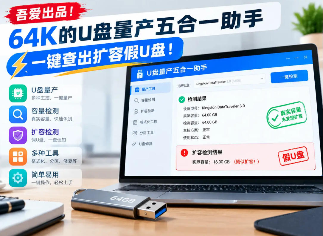 吾爱出品!64K的U盘量产五合一助手,一键查出扩容假U盘!-优优云创网