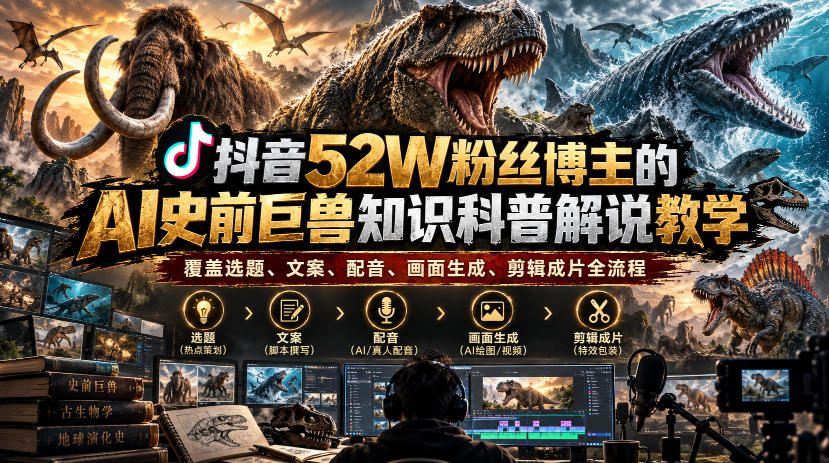 20261025235633277-5f00696ebd16cd9a17e9bfeab4cdb385 抖音52W粉丝博主的AI史前巨兽知识科普解说教学,覆盖选题、文案、配音、画面生成、剪辑成片全流程