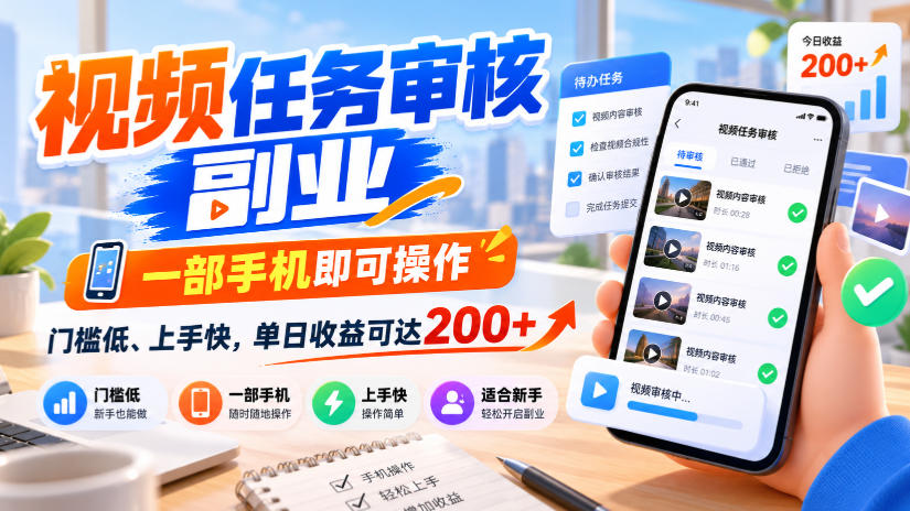 视频任务审核副业，一部手机即可操作，门槛低、上手快，单日收益可达200+【揭秘】-优优云创网