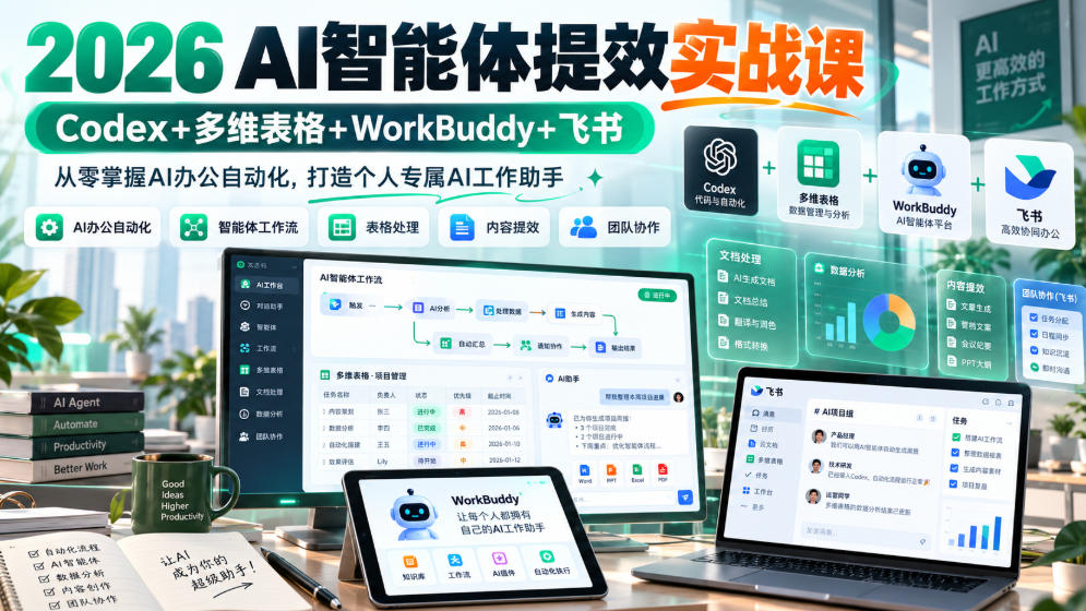 2026 AI智能体提效实战课:Codex+多维表格+WorkBuddy+飞书,从零掌握AI办公自动化,打造个人专属AI工作助手-优优云创网