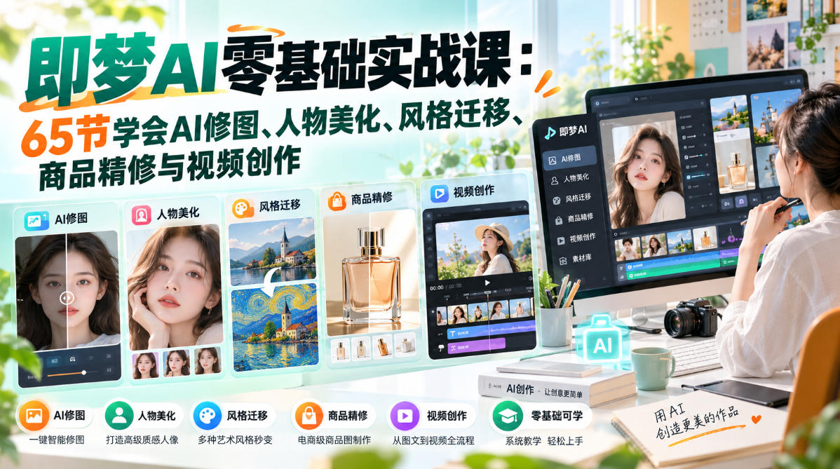 即梦AI零基础实战课:65节学会AI修图、人物美化、风格迁移、商品精修与视频创作-优优云创网