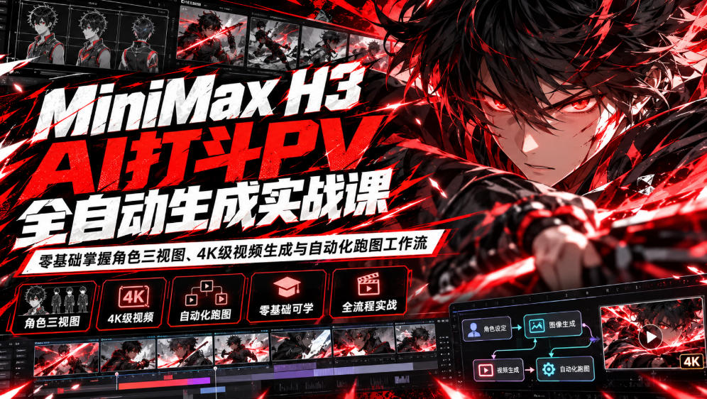 MiniMax H3 AI打斗PV全自动生成实战课:零基础掌握角色三视图、4K级视频生成与自动化跑图工作流-优优云创网