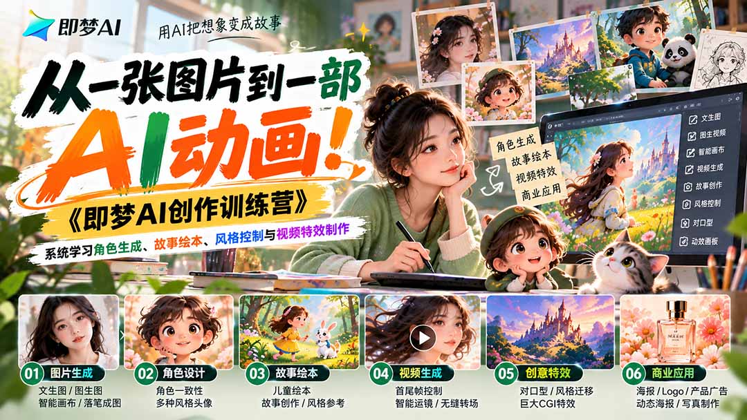 【无水印】从一张图片到一部AI动画！《即梦AI创作训练营》系统学习角色生成、故事绘本、风格控制与视频特效制作-优优云创网