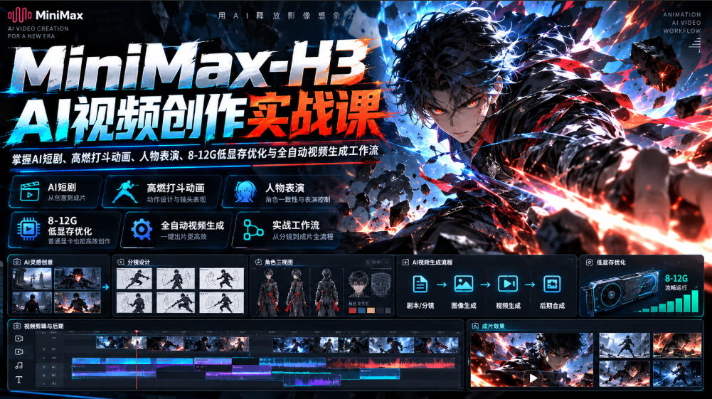 MiniMax-H3 AI视频创作实战课,掌握AI短剧、高燃打斗动画、人物表演、8-12G低显存优化与全自动视频生成工作流-优优云创网