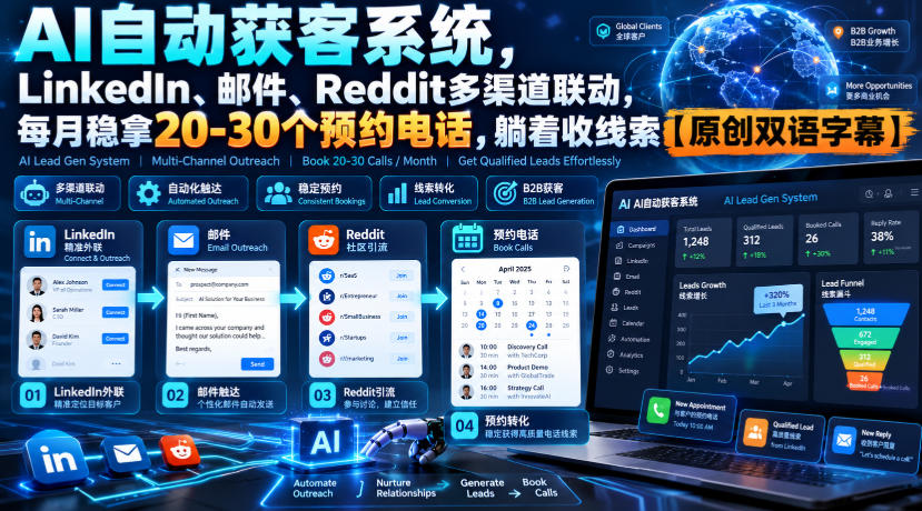 【无水印】AI自动获客系统，LinkedIn、邮件、Reddit多渠道联动，每月稳拿20-30个预约电话，躺着收线索【原创双语字幕】-优优云创网