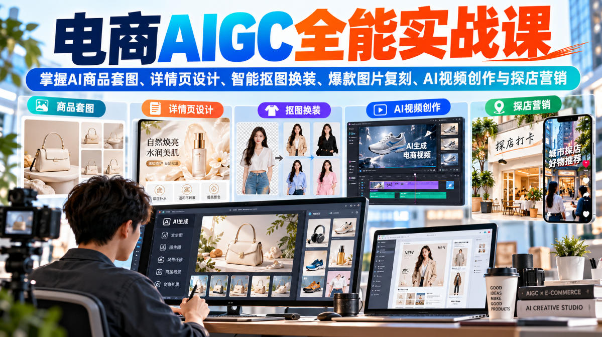 电商AIGC全能实战课:掌握AI商品套图、详情页设计、智能抠图换装、爆款图片复刻、AI视频创作与探店营销-优优云创网