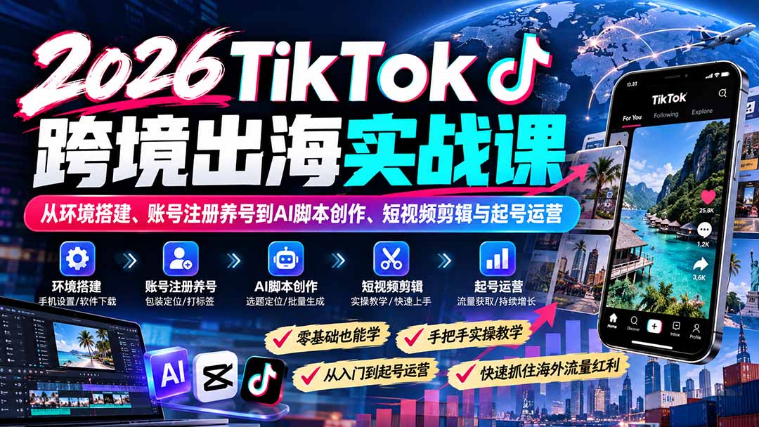 2026TikTok跨境出海实战课:从环境搭建、账号注册养号到AI脚本创作、短视频剪辑与起号运营-优优云创网
