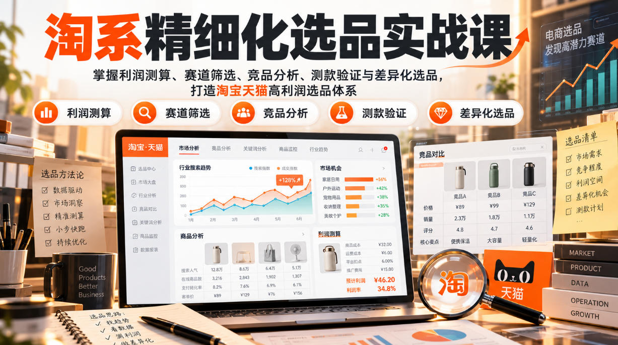 货架电商精细化选品实战课:掌握利润测算、赛道筛选、竞品分析、测款验证与差异化选品,打造淘宝天猫高利润选品体系-优优云创网