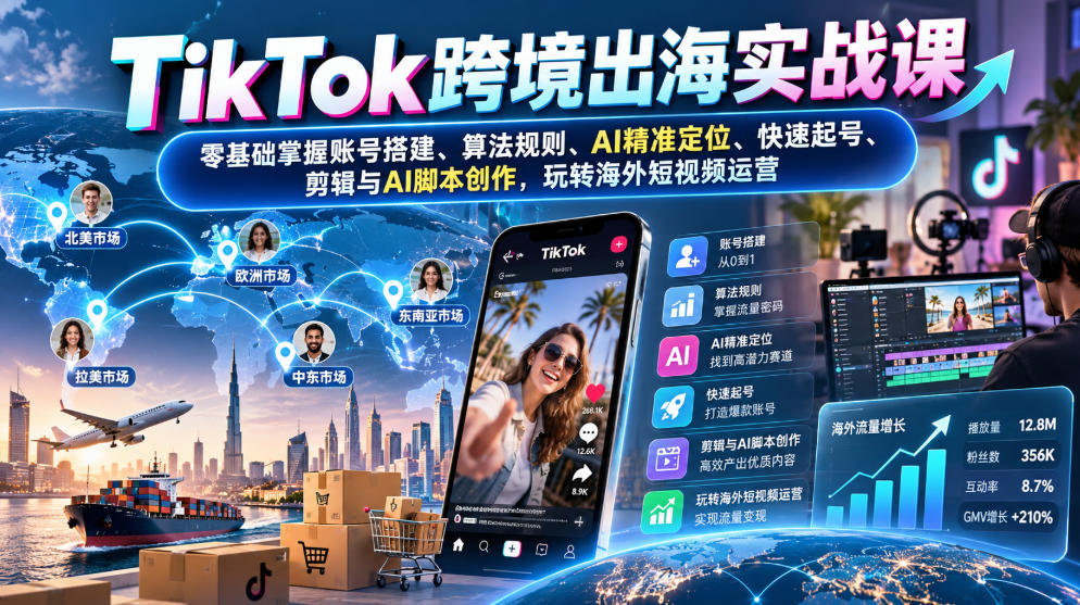 TikTok跨境出海实战课:零基础掌握账号搭建、算法规则、AI精准定位、快速起号、剪辑与AI脚本创作,玩转海外短视频运营-优优云创网