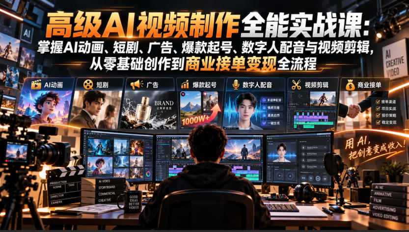 高级AI视频制作全能实战课：掌握AI动画、短剧、广告、爆款起号、数字人配音与视频剪辑，从零基础创作到商业接单变现全流程-优优云创网