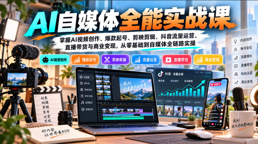 【无水印】AI自媒体全能实战课，掌握AI视频创作、爆款起号、剪映剪辑、抖音流量运营、直播带货与商业变现，从零基础到自媒体全链路实操-优优云创网