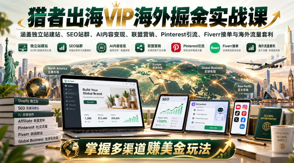猎者出海VIP海外掘金实战课:涵盖独立站、SEO站群、AI变现、联盟营销、Pinterest引流、Fiverr接单与海外流量套利,掌握多渠道賺美金玩法-优优云创网