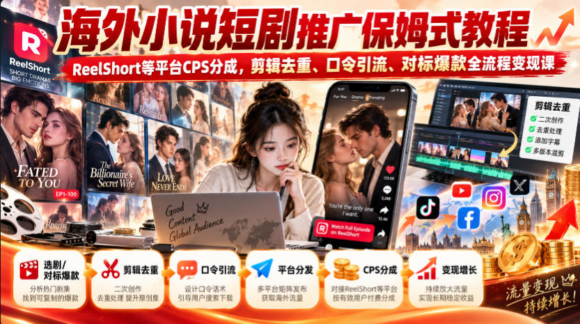 海外小说短剧推广保姆式教程｜ReelShort等平台CPS分成，剪辑去重、口令引流、对标爆款全流程变现课-优优云创网