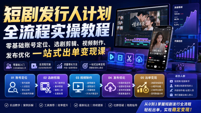 短剧发行人计划全流程实操教程｜零基础账号定位、选剧剪辑、视频制作、发布优化一站式出单变现课​-优优云创网
