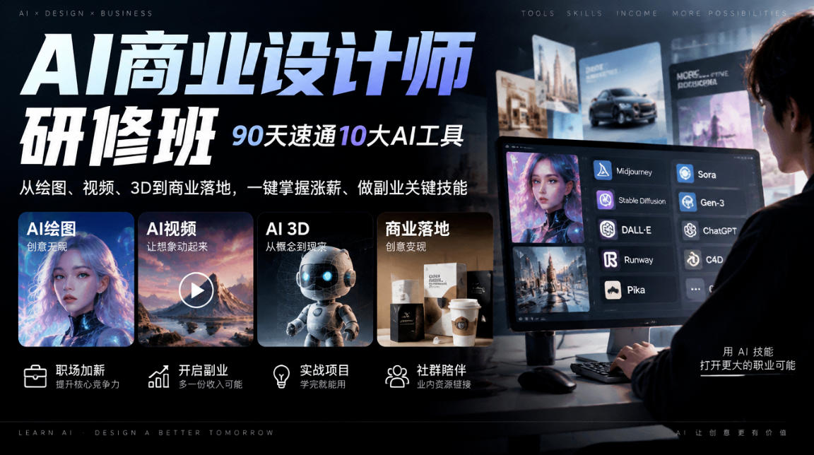 AI商业设计师研修班，90天速通10大AI工具，从绘图、视频、3D到商业落地，一键掌握涨薪、做副业关键技能-优优云创网
