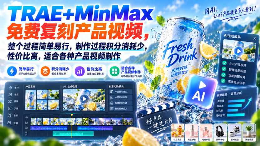 TRAE+MinMax免费复刻产品视频，整个过程简单易行，制作过程积分消耗少，性价比高，适合各种产品视频制作-优优云创网