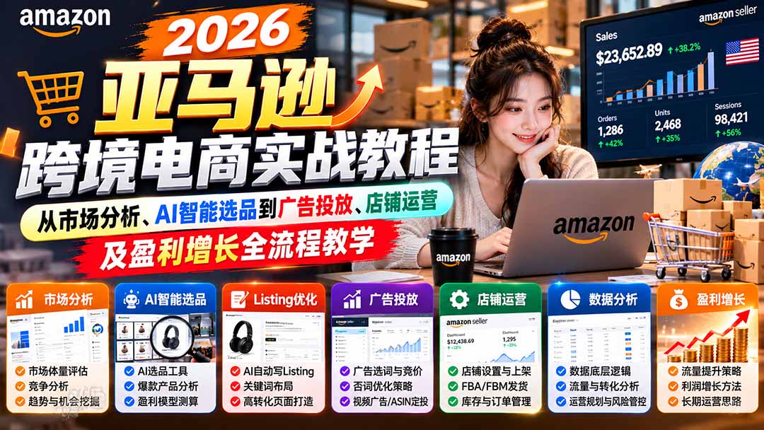 2026亚马逊跨境电商实战教程-更新1027，从市场分析、AI智能选品到广告投放、店铺运营及盈利增长全流程教学-优优云创网