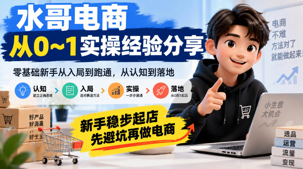 水哥电商从0~1实操经验分享，​零基础新手从入局到跑通，从认知到落地，新手稳步起店，先避坑再做电商-优优云创网